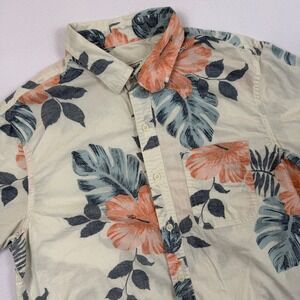 American Eagle Mens Tropical Floral Hibiscus Button Down Shirt Cream Orange M